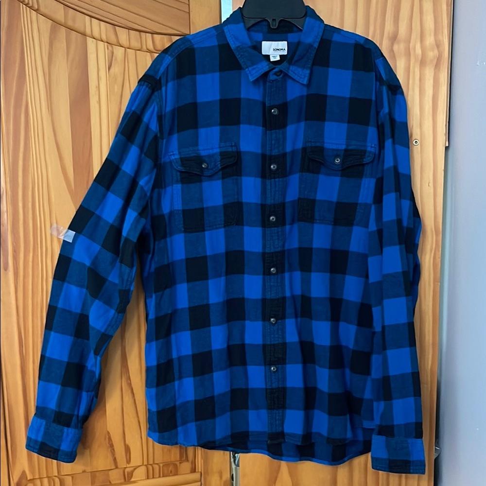 SONOMA FLANNEL PLAID SHORT MENS XL BLUE BLACK LONG SKEEVE BUTTON-UP ACADEMIA